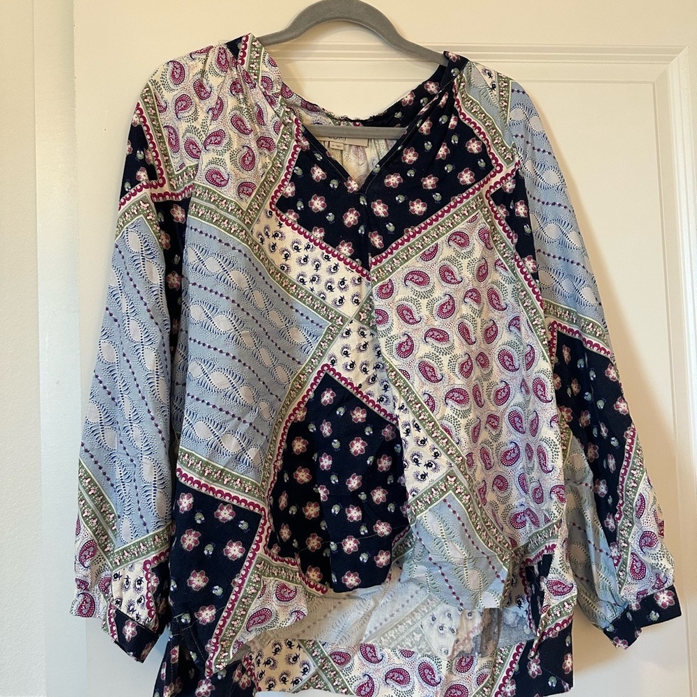 Loft Women’s Multicolor Paisley Patchwork Blouse Size XL